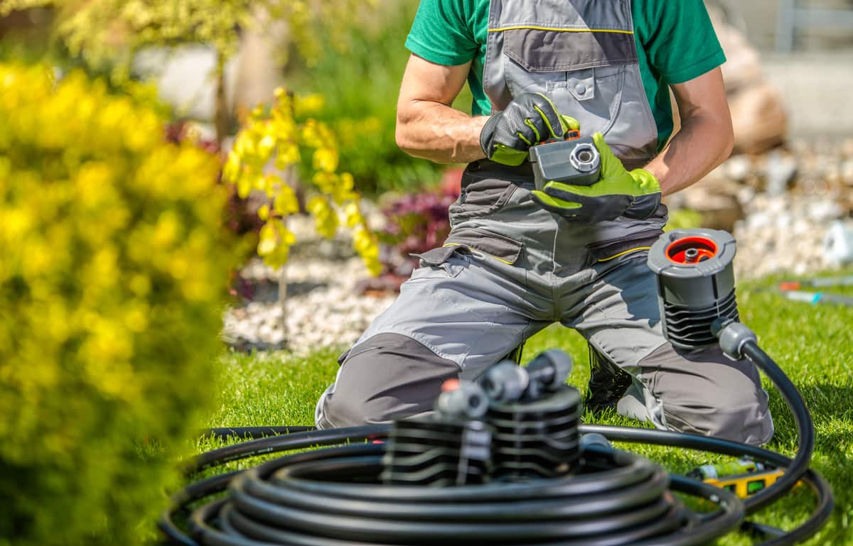 Gardener preparing irrigation equipment in a sunny backyard, part of Lee's Landscaping service